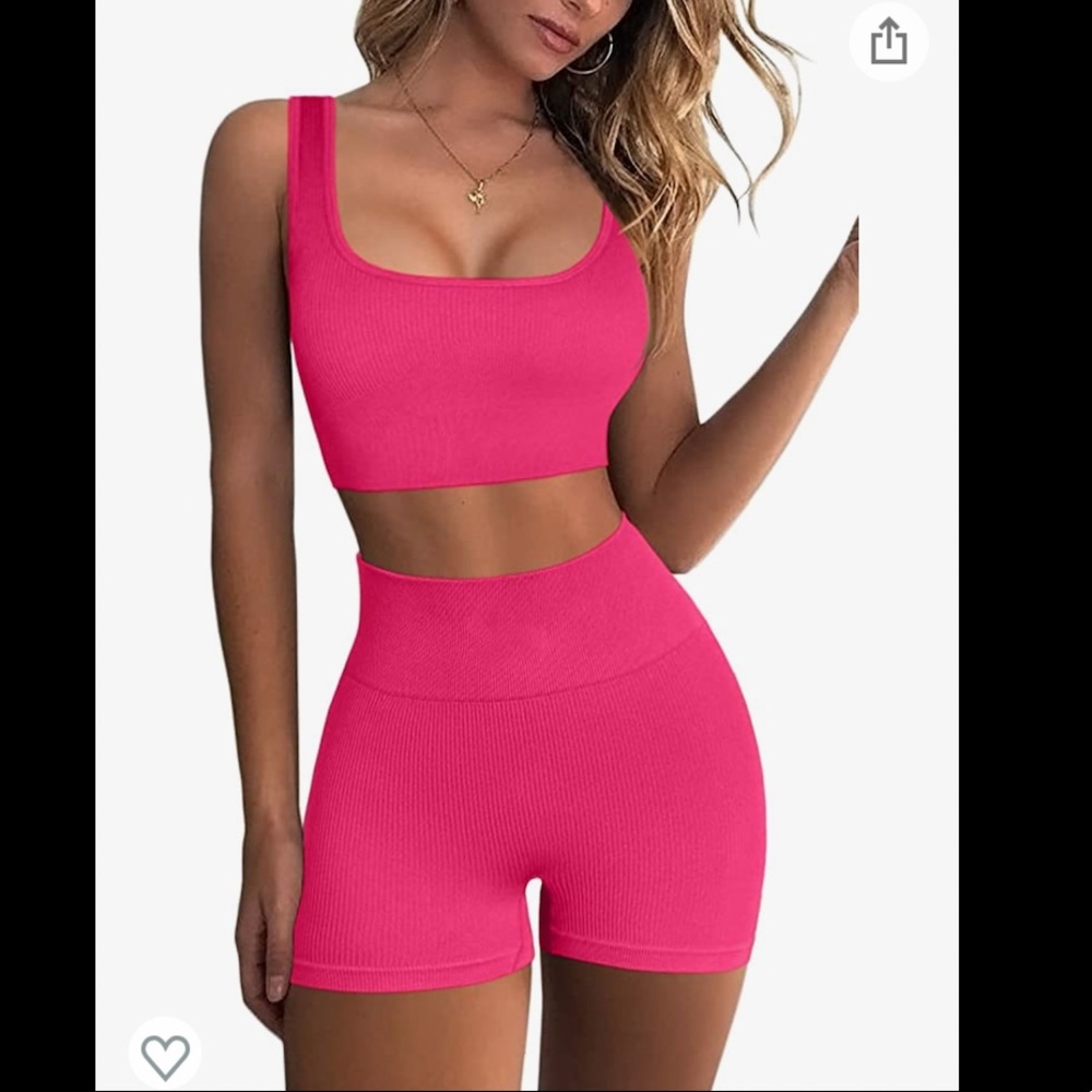2 Piece Workout Set - Seamless Ribbed Crop Tank High Waist Shorts Yoga Outfits